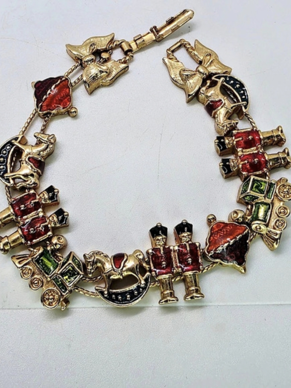 Vtg Avon Enamel Slide Charm Christmas Bracelet Gold Tone Nutcracker Train Bow 7"
